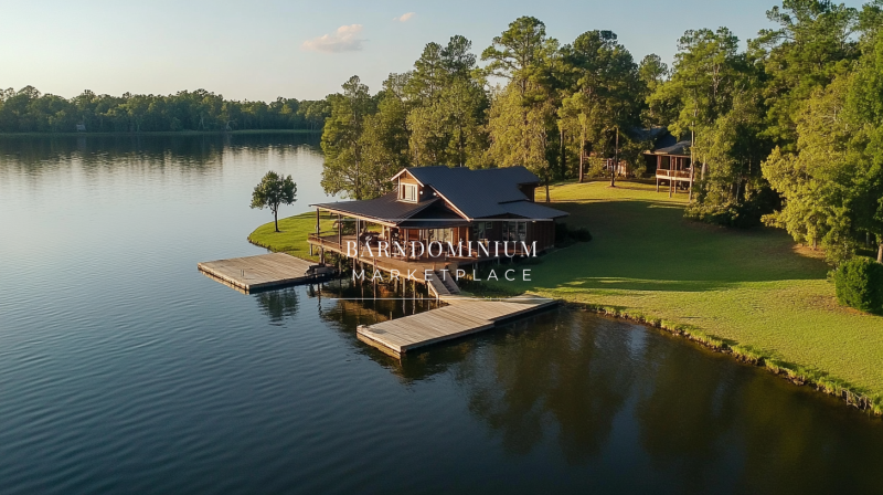 Idyllic lakefront barndominium with private docks and a scenic sunset view.
