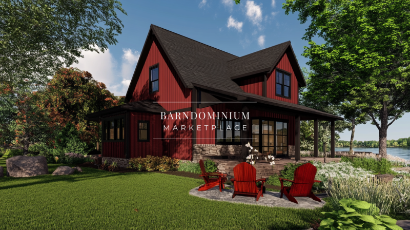 Charming red barndominium with a modern farmhouse aesthetic and cozy outdoor seating.