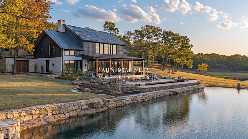 Elegant waterfront barndominium with a modern rustic design and a stunning outdoor living space.