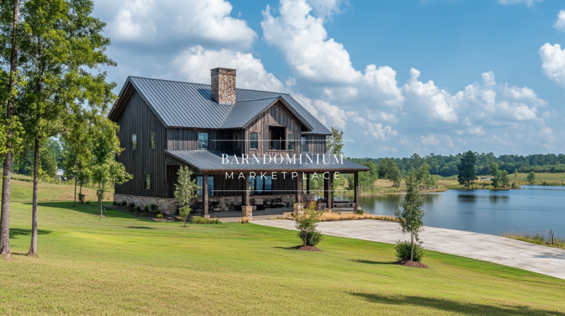Charming lakeside barndominium with a wraparound porch and scenic countryside views.
