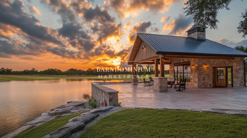 Lakeside barndominium retreat with a covered patio, stone pillars, and breathtaking sunset views.