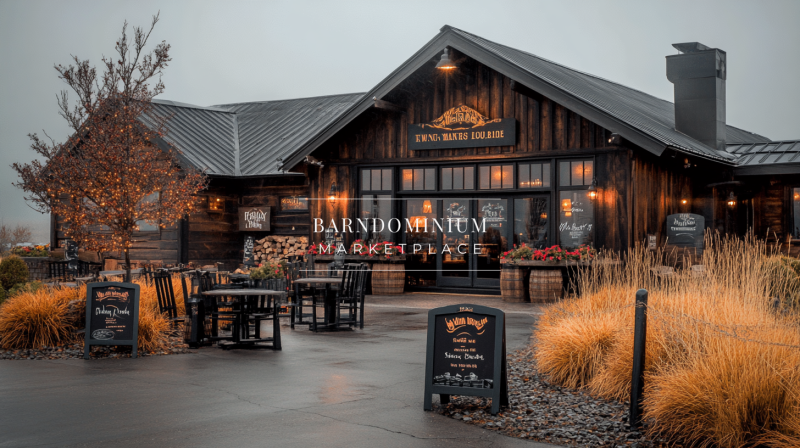 Rustic barndominium-style café with warm wood tones, black metal accents, and inviting outdoor seating.