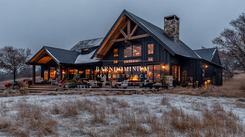Rustic barndominium with a cozy winter ambiance, featuring a black metal roof, wooden beams, and warm interior lighting.