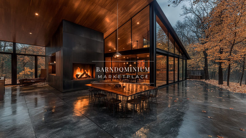 Stunning modern barndominium with an open-air dining area, warm fireplace, and sleek glass walls.