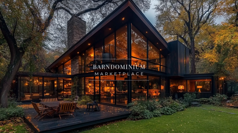 Elegant modern barndominium with floor-to-ceiling glass walls, warm interior lighting, and a cozy outdoor seating area.