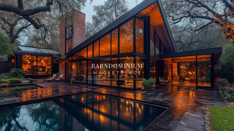 Modern barndominium exterior with glass walls, warm lighting, and a stylish poolside design.