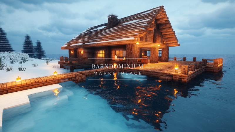 Snowy lakeside log cabin with warm glowing lights reflecting on icy waters.