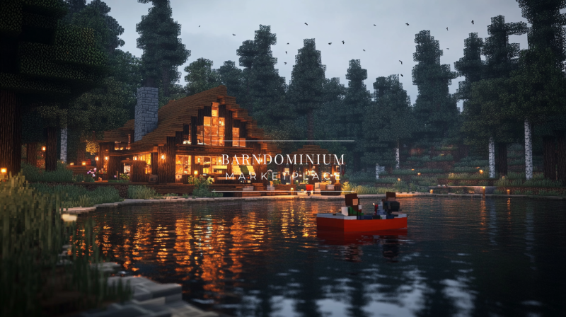 Cozy lakeside cabin with glowing lights and a couple boating at dusk.
