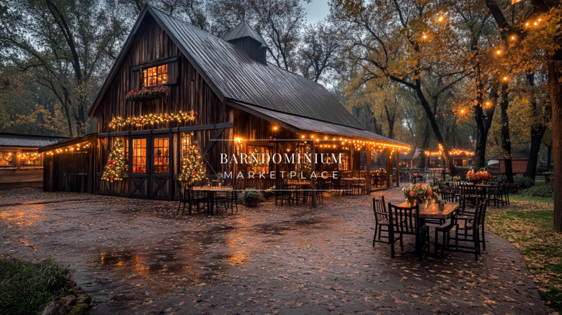 Rustic barndominium with festive lights and outdoor seating on a rainy evening.