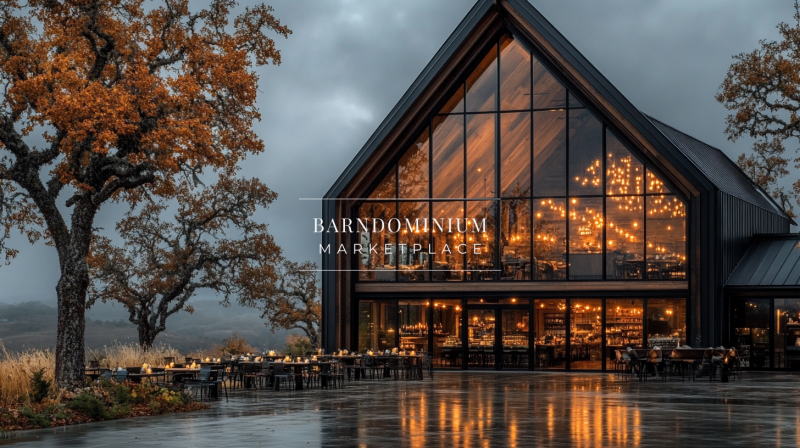 Modern glass-front barndominium with warm interior lighting and a scenic outdoor dining area.
