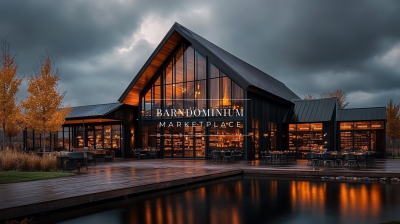 Modern black barndominium with stunning glass facade reflecting on a serene pond.