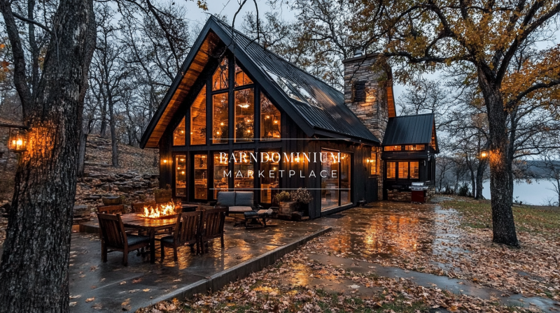 Modern A-frame cabin with warm interior lighting and a cozy outdoor firepit.