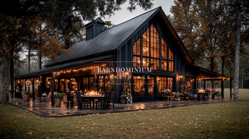 Elegant black barndominium with floor-to-ceiling windows and festive lighting.