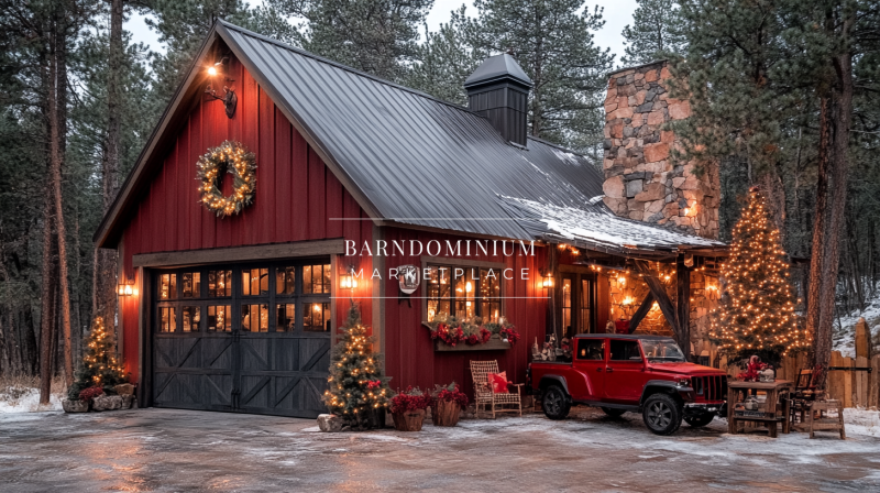 Festive red barn-style home with Christmas decorations and a rustic winter ambiance.