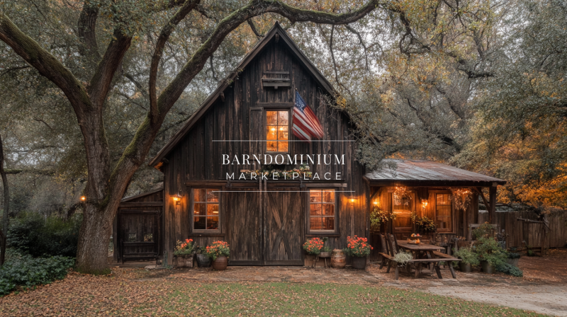 Charming rustic cabin-style barndominium nestled under mature oak trees with warm lighting and vintage decor.