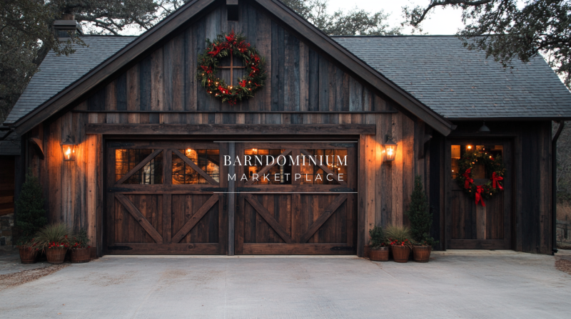 Rustic barndominium garage with festive holiday wreaths and warm exterior lighting.