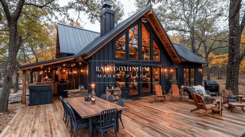 Rustic black barndominium with floor-to-ceiling windows, warm lighting, and a spacious wooden deck.
