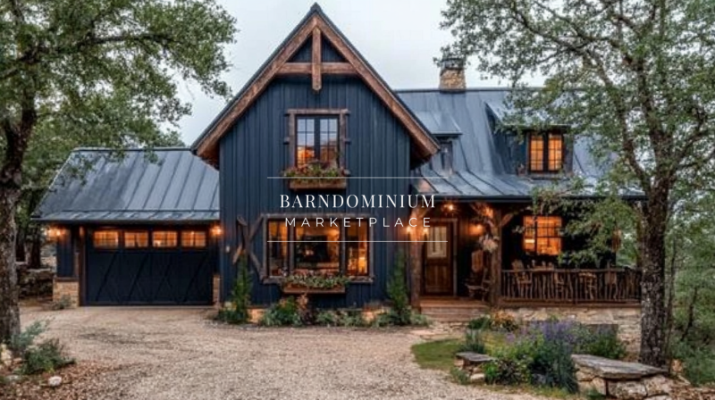 Charming black barndominium with rustic wood accents, warm lighting, and a cozy front porch.