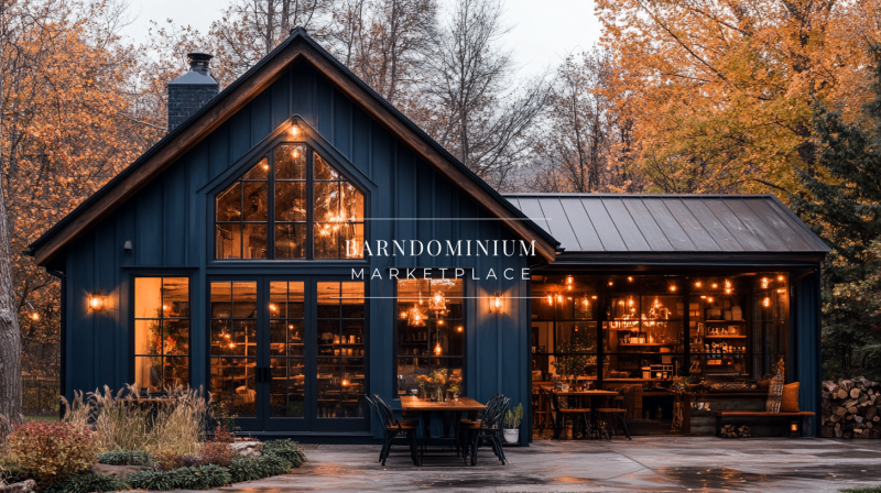 Modern black barndominium with warm interior lighting, large glass windows, and a cozy autumn atmosphere.