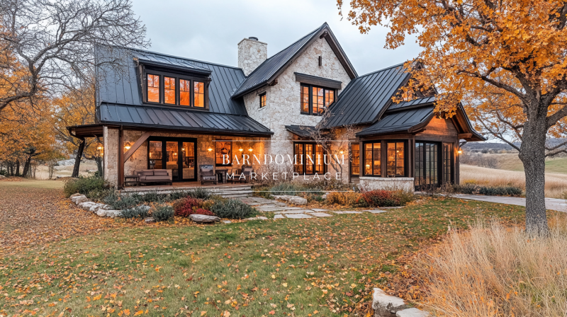 Charming countryside barndominium with warm lighting, black metal roofing, and beautiful autumn foliage.