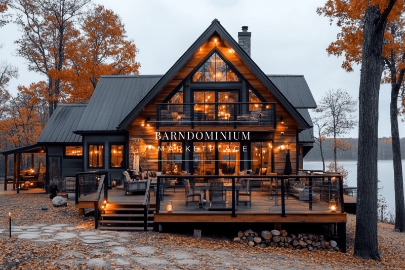 A cozy modern cabin-style barndominium with warm interior lighting, a spacious deck, and a beautiful lakefront view in autumn.