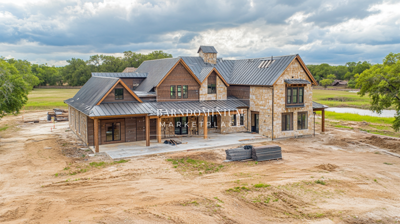 A luxurious barndominium-style home under construction, featuring a blend of rustic wood and stone exterior with a sleek metal roof.