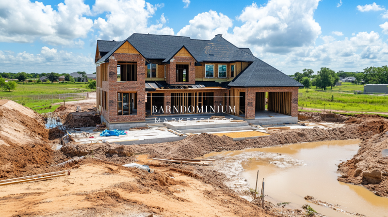A stunning two-story home under construction, featuring a brick exterior, dark roof, and large covered patio, set against a scenic rural backdrop.