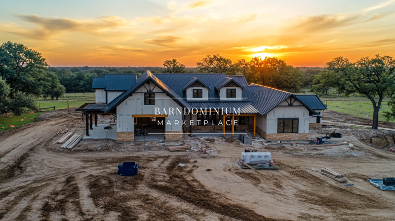 A gorgeous barndominium under construction, set against a stunning sunset, blending modern farmhouse and rustic charm.