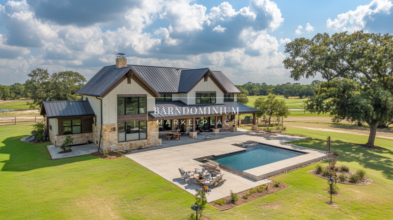 A luxurious barndominium with a modern farmhouse design, featuring a sleek black roof, expansive patio, and stunning backyard pool.