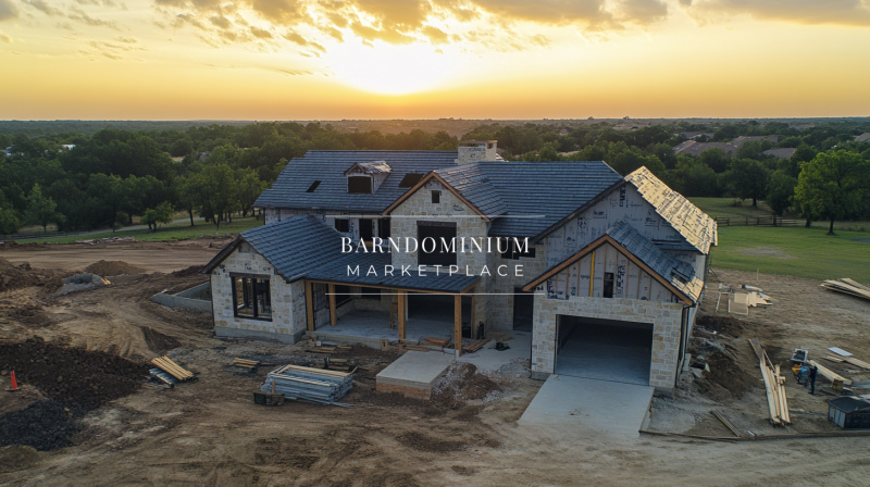 A stunning stone-clad barndominium under construction, set against a breathtaking sunset view.