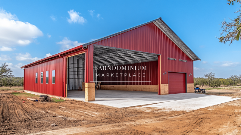 A bold red barndominium with an open garage, showcasing its spacious and functional design.