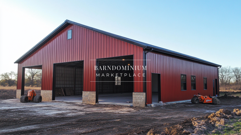 A red metal barndominium with large open bays, perfect for a workshop, garage, or storage space.