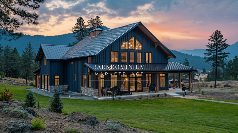 A stunning modern barndominium with a deep blue exterior, expansive windows, and a covered patio, set against a breathtaking mountain sunset.