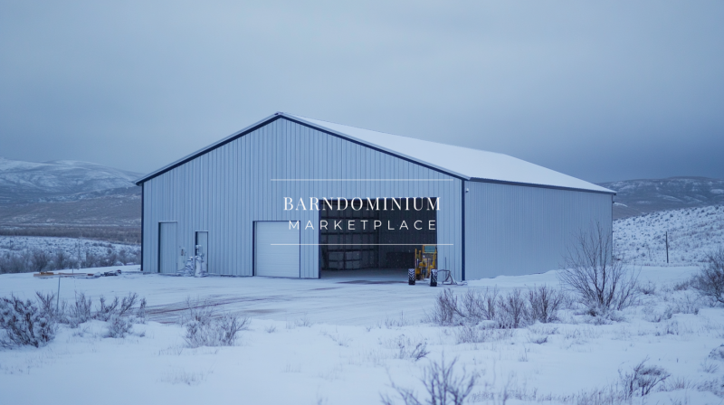A steel barndominium in a snowy landscape, featuring a large open garage and a simple yet durable design.