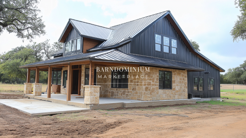 A beautifully designed barndominium with a mix of natural stone and black board-and-batten siding, complemented by a sleek metal roof and a spacious covered porch.