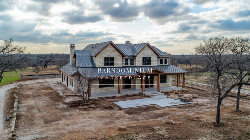 A charming two-story barndominium with a rustic stone facade, black metal roof, and warm wooden accents, set against a peaceful countryside backdrop.