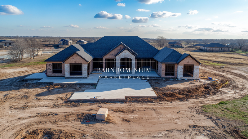 A stunning barndominium under construction, featuring a grand entrance, black metal roofing, and spacious open areas for a modern countryside lifestyle.