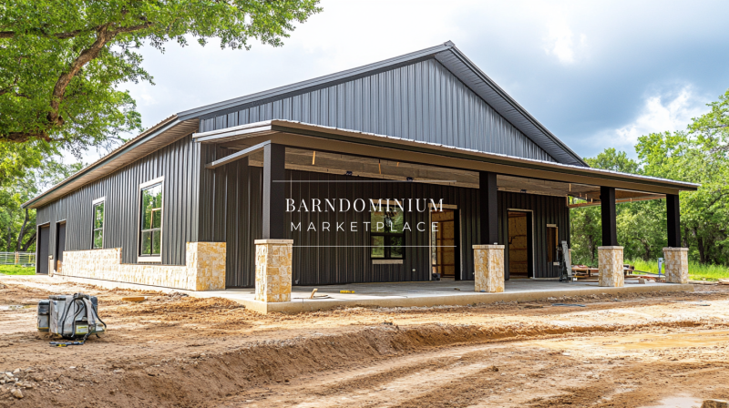 A stylish black barndominium featuring a spacious covered porch with stone-accented columns, blending modern design with rustic charm.