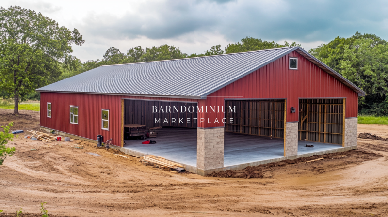 A spacious red barndominium with a durable metal roof and stone-accented base, offering a blend of functionality and rustic charm.