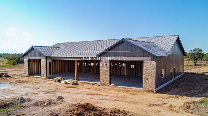 A newly constructed barndominium with a modern metal exterior and stone accents, featuring open garage bays for a spacious layout.