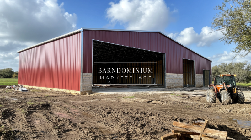A large red metal barndominium under construction, featuring a wide-open entrance and a durable steel frame.