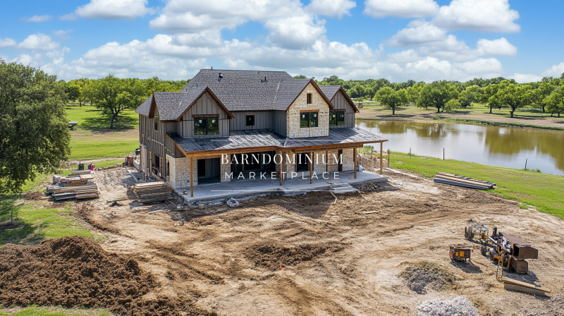 Gorgeous two-story barndominium under construction, set in a scenic rural landscape with a pond view.