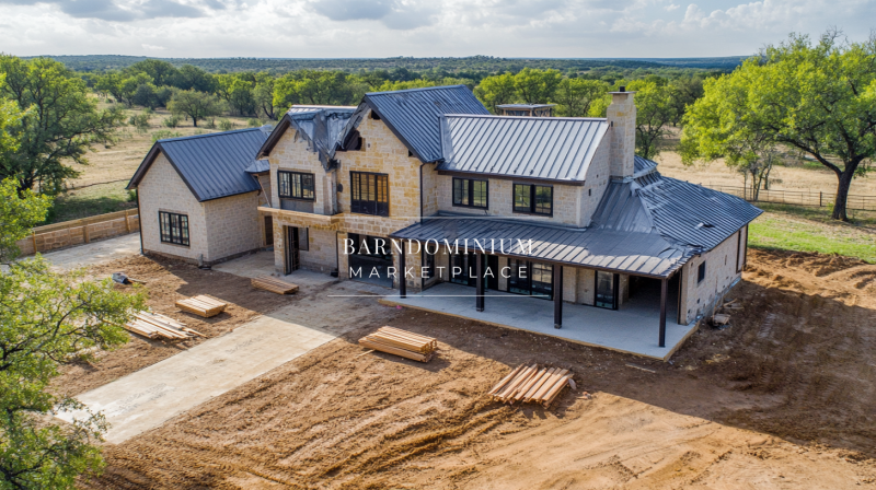 Elegant two-story barndominium with a modern farmhouse design, featuring a covered porch and black metal roofing.