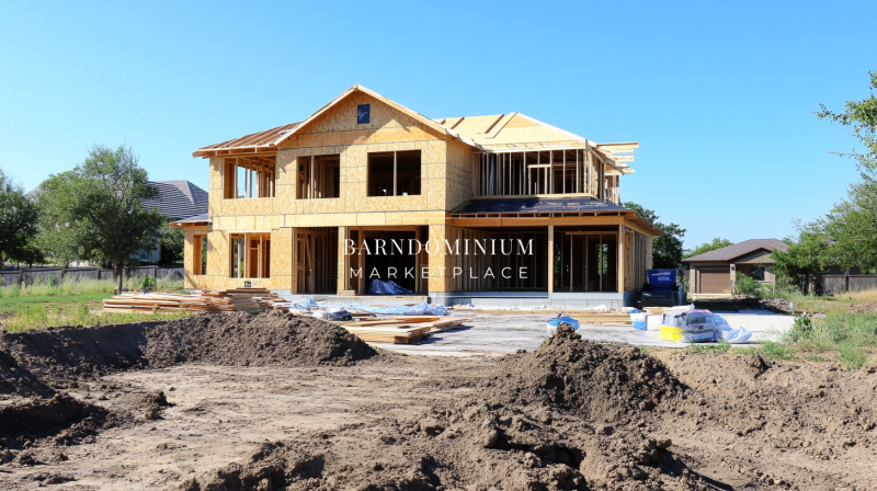 Two-story barndominium under construction, showcasing a wood-framed structure with an open-concept design.