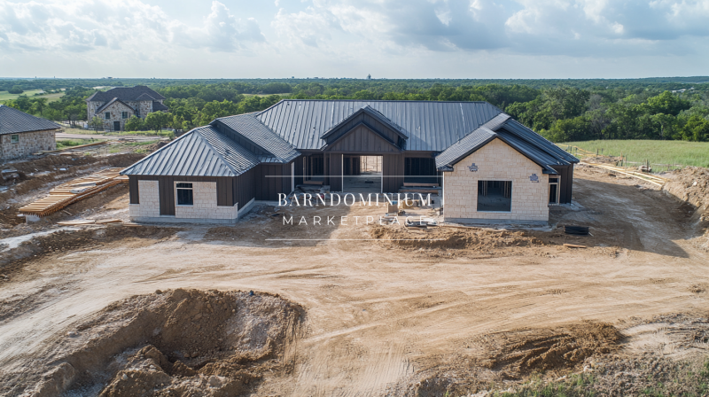 Spacious modern barndominium nearing completion, featuring a sleek black metal roof and light stone exterior.