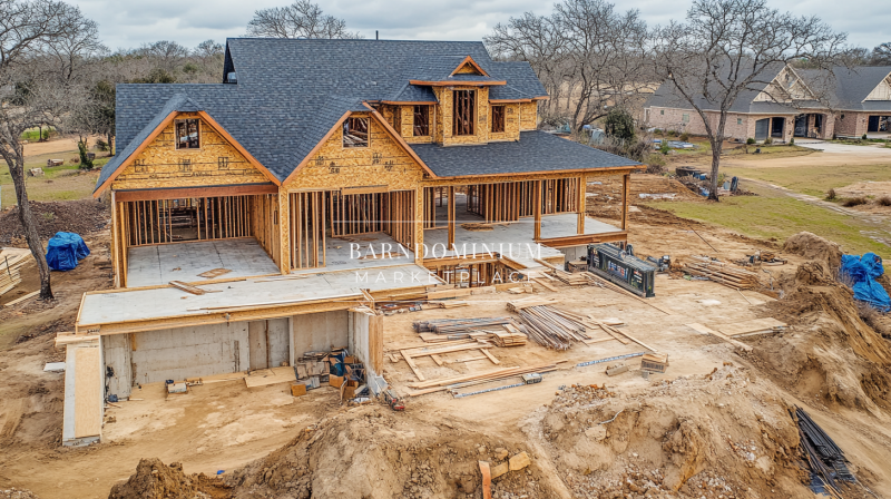 Large barndominium under construction with exposed wooden framing and a black metal roof, showcasing modern rustic design.