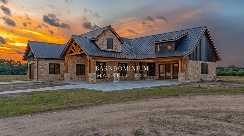 Beautiful rustic barndominium exterior with stone and wood accents, set against a stunning sunset backdrop.