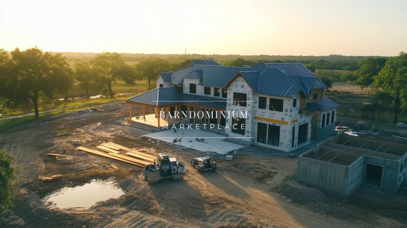 Barndominium under construction at sunset, featuring a stone exterior, wraparound porch, and modern farmhouse design.