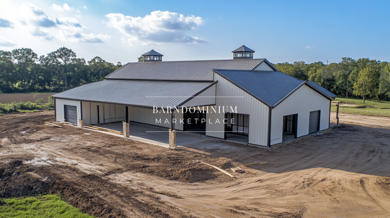 Modern white barndominium exterior with black trim, large covered porch, and spacious open layout.