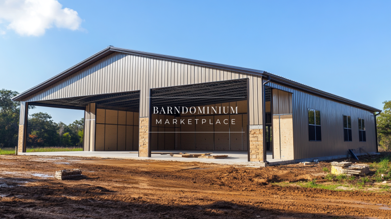 Steel barndominium exterior with an open front design, stone accents, and a spacious interior layout.